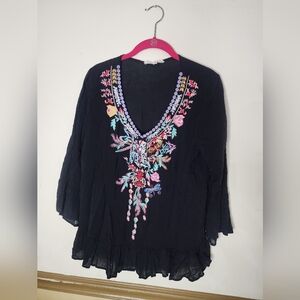 grand & greene Black V-Neck Tunic with Multicolor Floral Embroidery